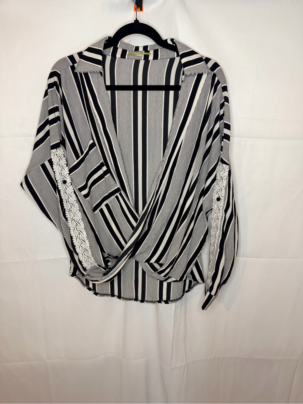 Gianni Bini Black and White Striped Lace-Trim Wrap Button Down